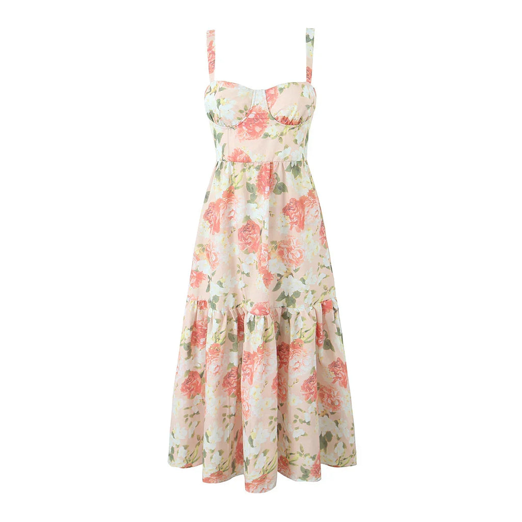Floral Bra with Wire Corset Ruffles Midi Dress