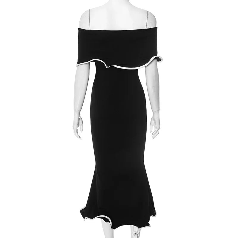 Strapless Ruffles Black Midi Dress