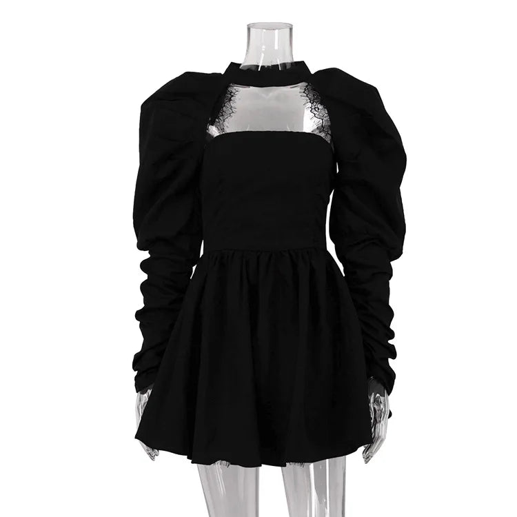 Puff Long-sleeved Black Mini Dress