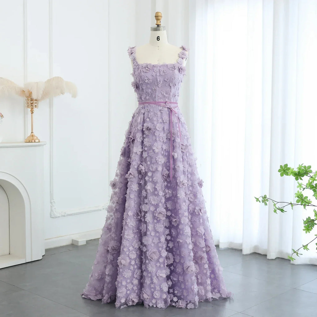 Lilac 3D Embroidered Flowers High Slit Evening Dress