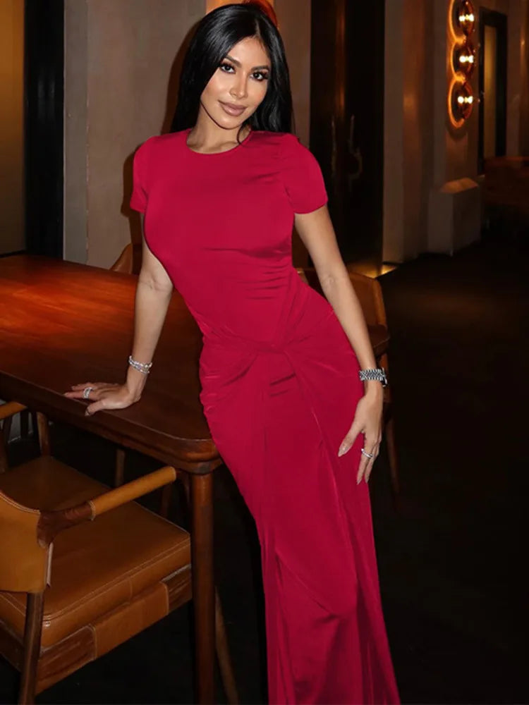 Solid Short Sleeve Ruched Maxi Dress