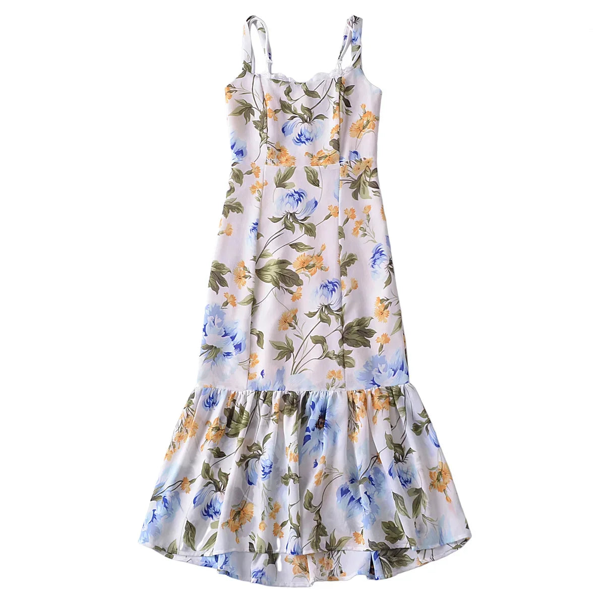 Cherry Print Ruffles Hem Trumpet Midi Dress