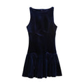 Round Neck Bow Velvet Blue Dress