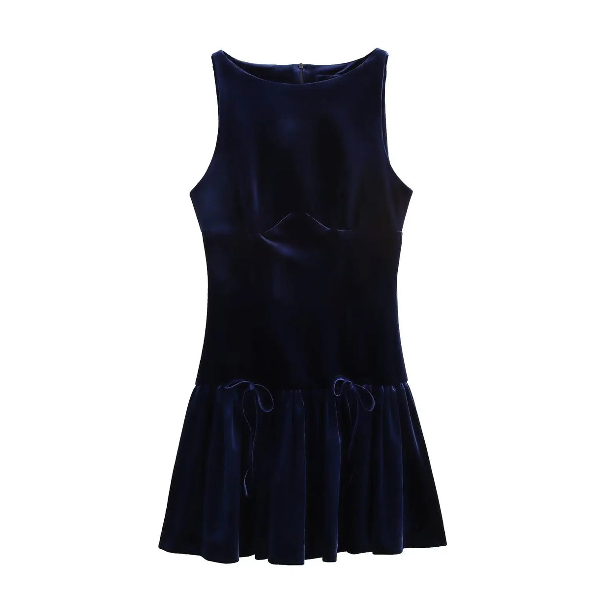 Round Neck Bow Velvet Blue Dress