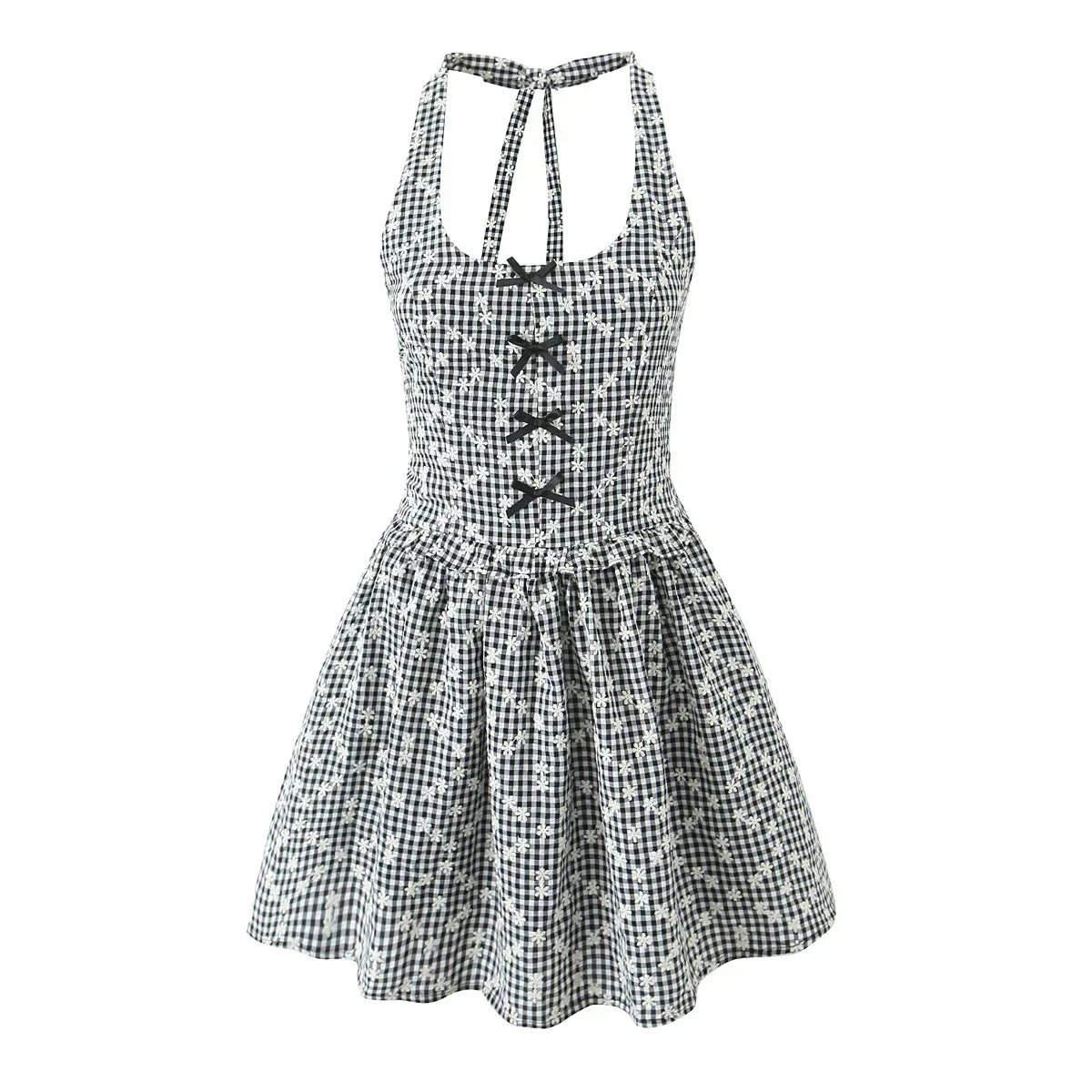 Gray Embroidery White Flower Bow Halter Mini Dress