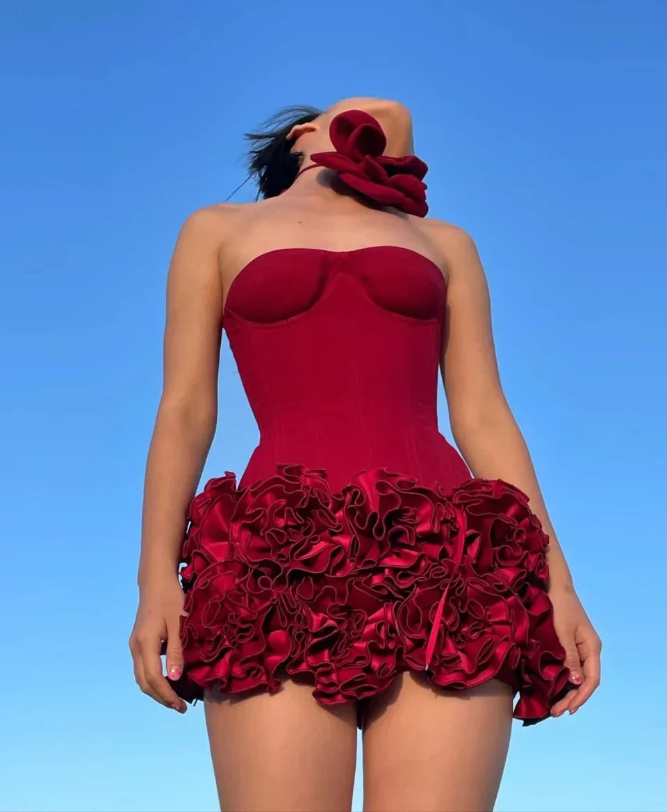 Red Flower Strapless Luxury Party Dress