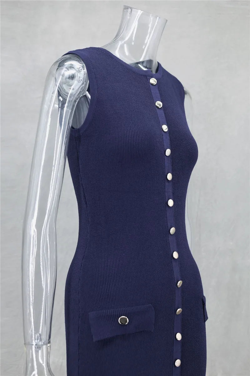 Knit Maxi Dress with Pockets Button-Front