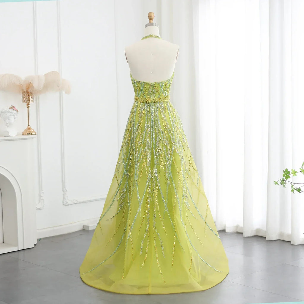 Beaded Halter A-Line Tulle Evening Dresses