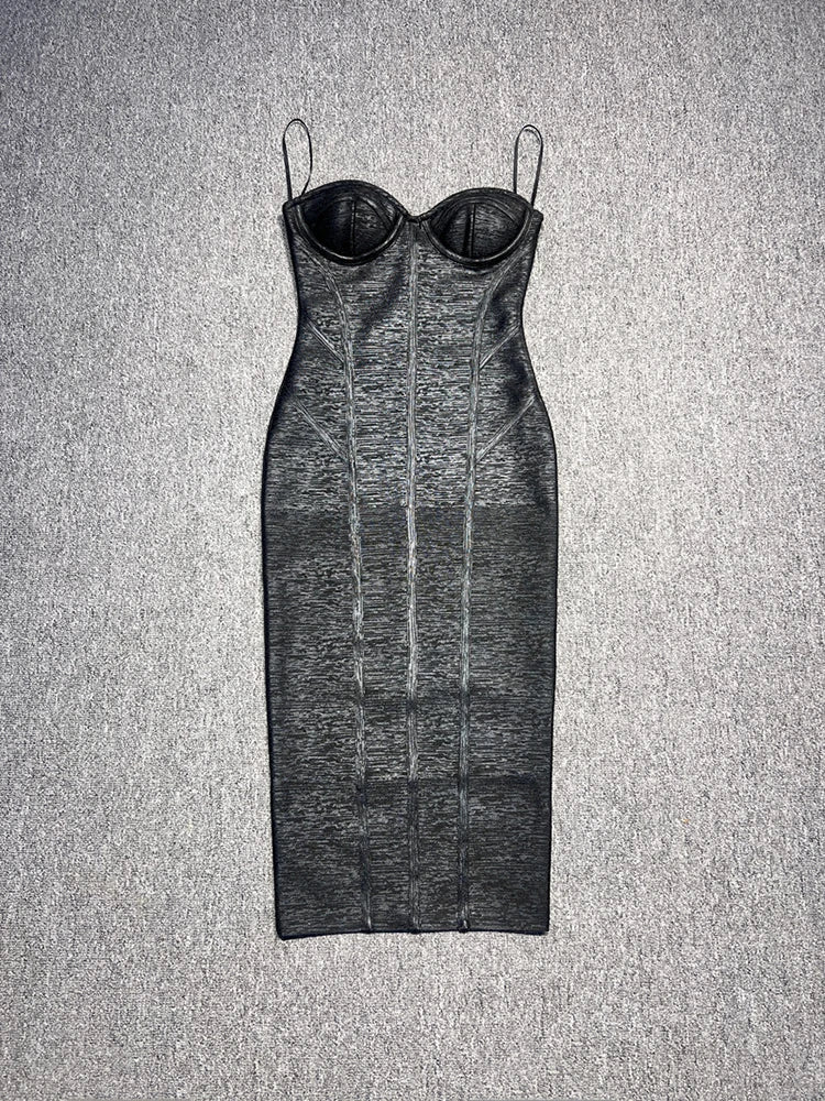 Strapless V-Neck Black Foil  Bandage Dress