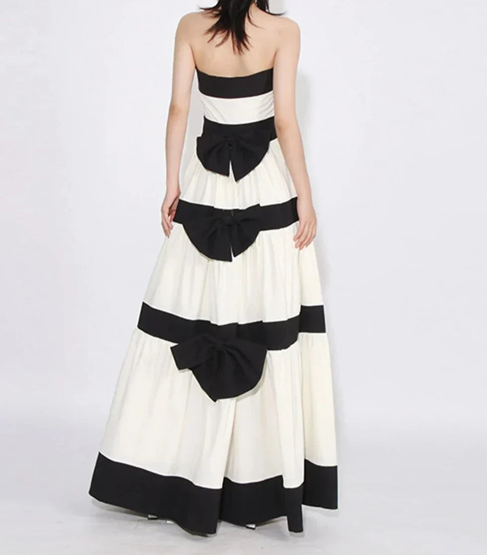 Colorblock Patchwork Bow Strapless Long Dress