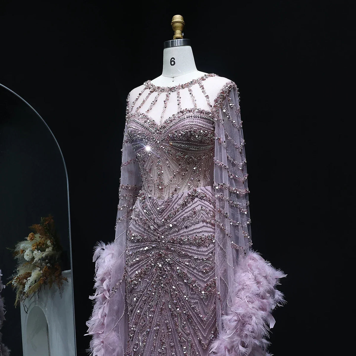 Beaded Mermaid Evening Dress with Feather Cape Sleeves