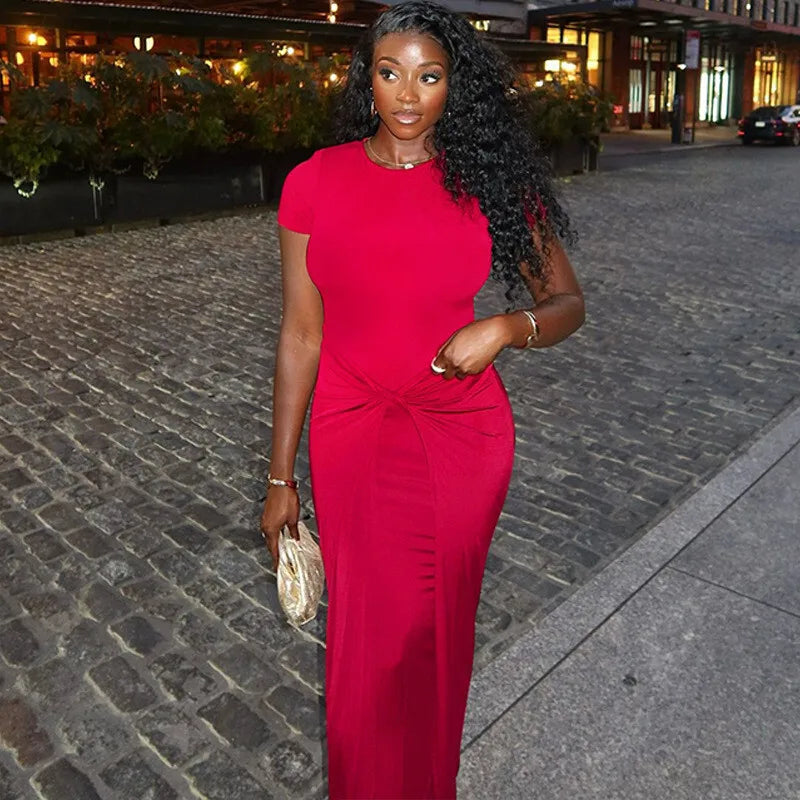 Solid Short Sleeve Ruched Maxi Dress