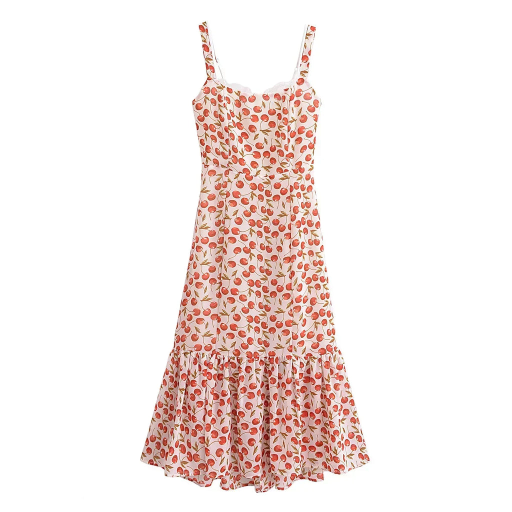 Cherry Print Ruffles Hem Trumpet Midi Dress