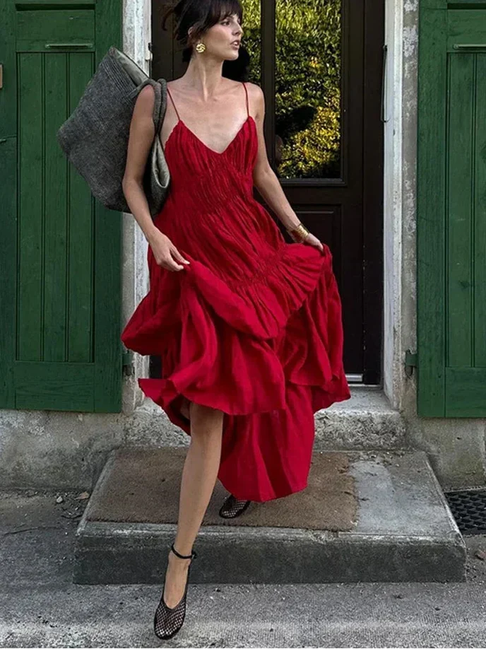 Sling A-line Sleeveless Deep V-neck Dress