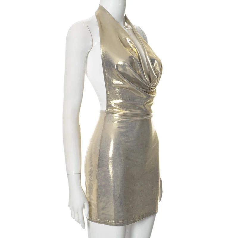 Gold Color Halter Neck Open Back Mini Dress