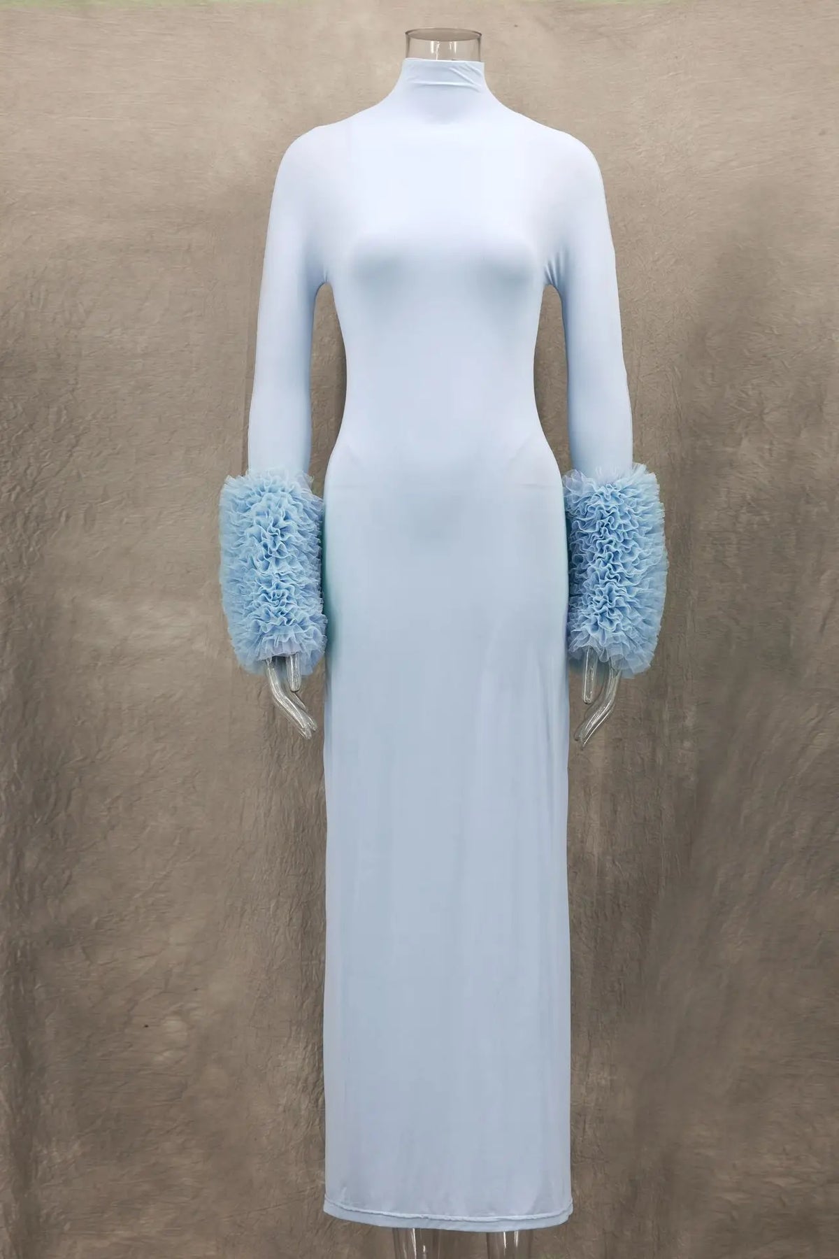 Ruffle Pleated Sleeve Blue Long Dress for Women