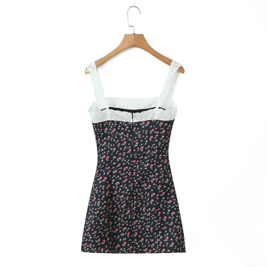 Flower Print Embroidery Lace Slash Collar Mini Dress
