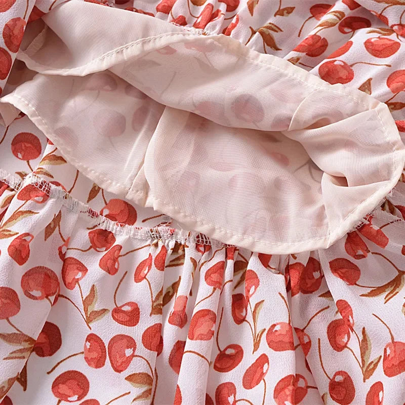 Cherry Print Ruffles Hem Trumpet Midi Dress