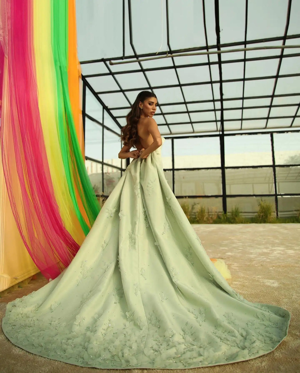 Crystal 3D flower Sage Green Satin Dress with Cape
