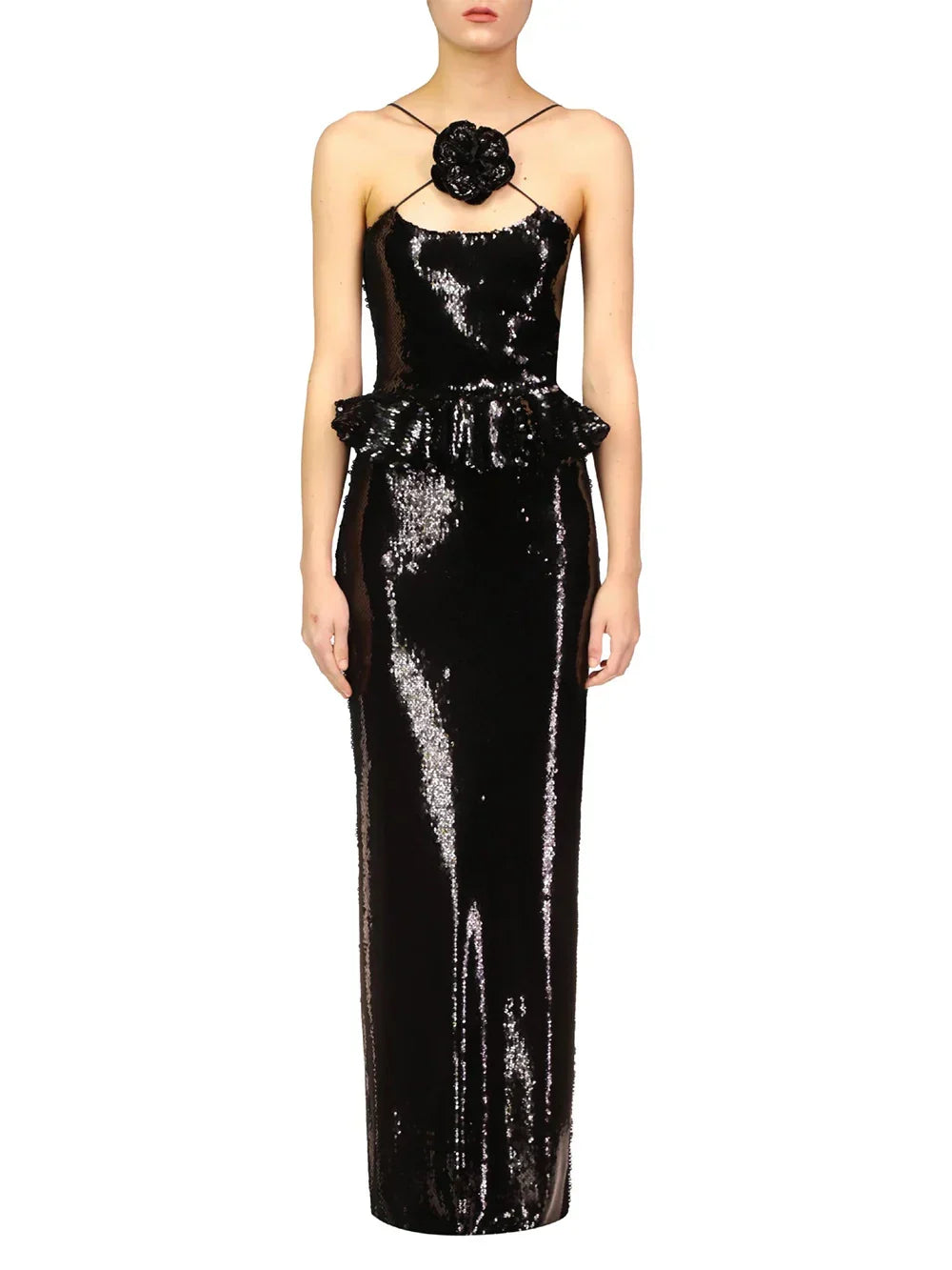 Backless Halter Mesh Sequin Maxi Dress