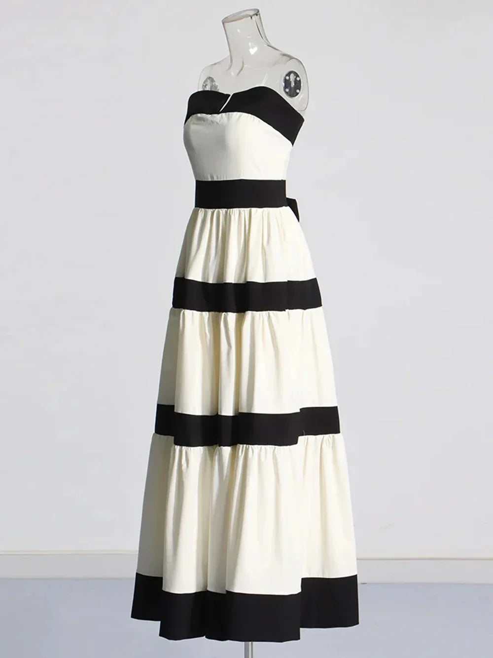 Colorblock Patchwork Bow Strapless Long Dress