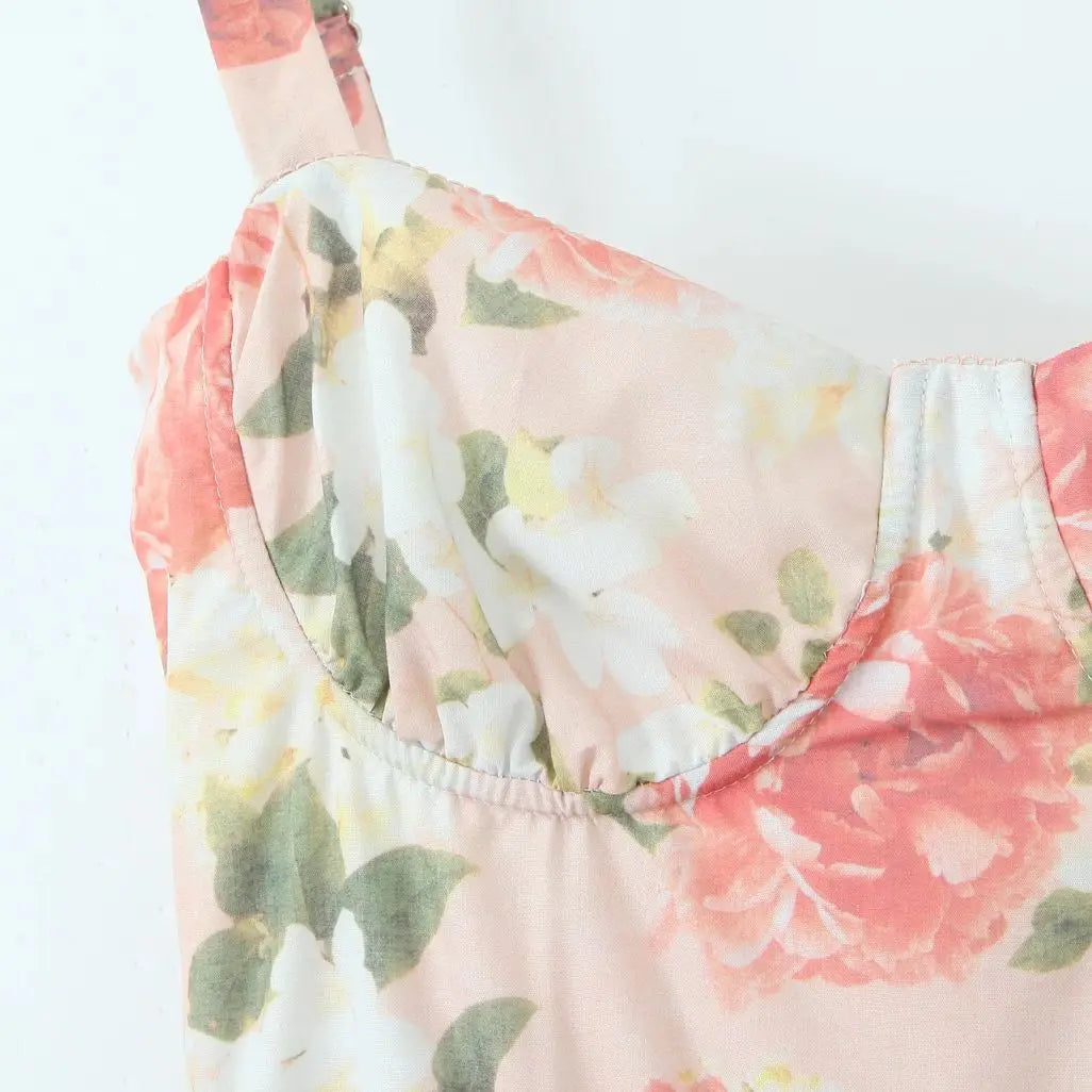 Floral Bra with Wire Corset Ruffles Midi Dress