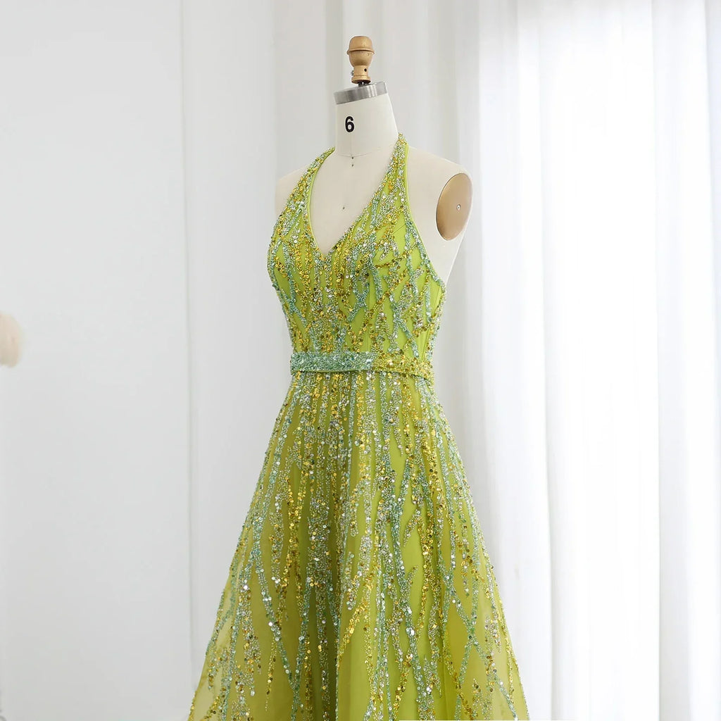 Beaded Halter A-Line Tulle Evening Dresses