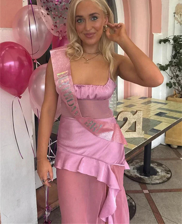 Pink Satin Patchwork Mesh Ruffle Slit Midi Dress