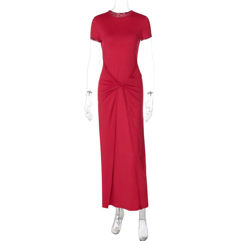 Solid Short Sleeve Ruched Maxi Dress