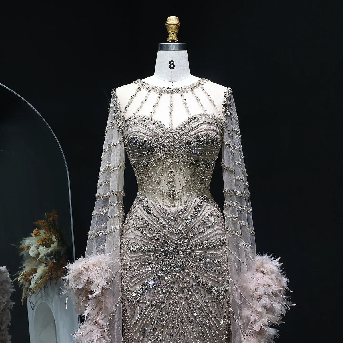 Beaded Mermaid Evening Dress with Feather Cape Sleeves