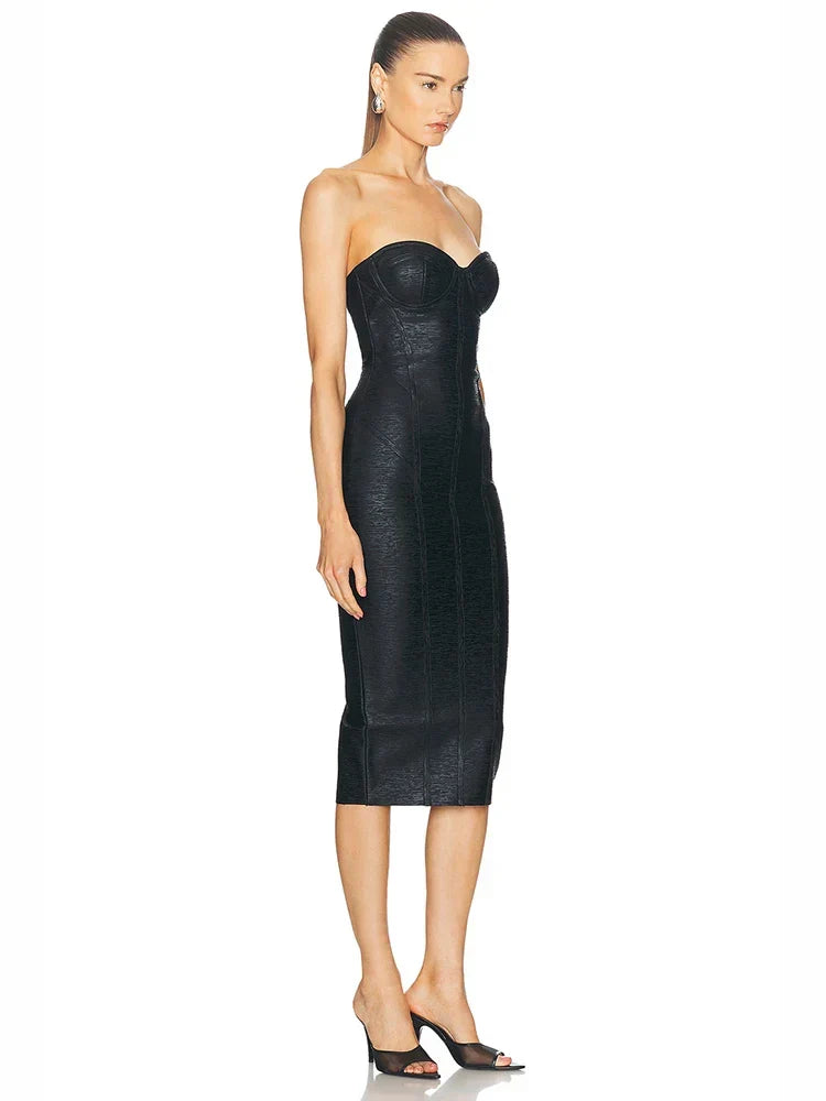Strapless V-Neck Black Foil  Bandage Dress