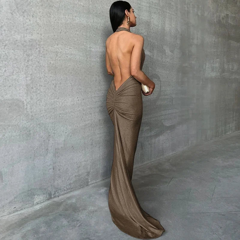 Halter Deep V Neck Sleeveless Fishtail Dress