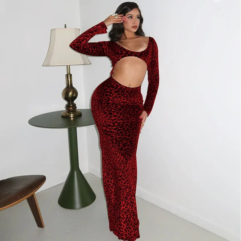 Leopard Print Hollow Out Long Dress