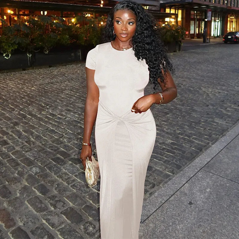 Solid Short Sleeve Ruched Maxi Dress