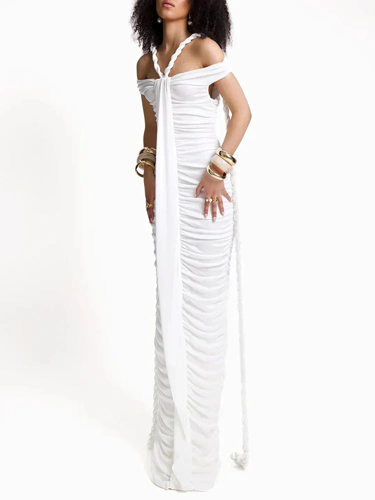 Slash Neck Pleated Braid Ribbon Long Dress
