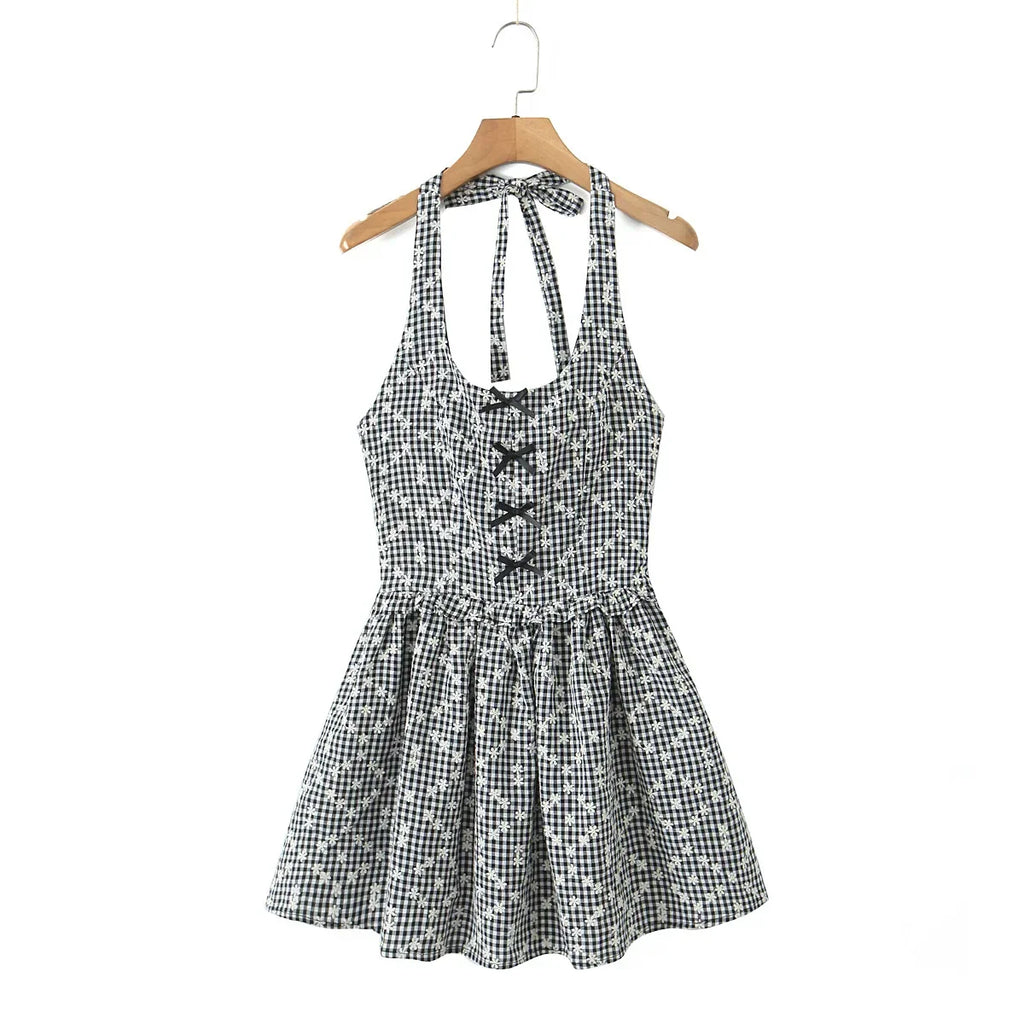 Gray Embroidery White Flower Bow Halter Mini Dress