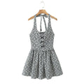Gray Embroidery White Flower Bow Halter Mini Dress