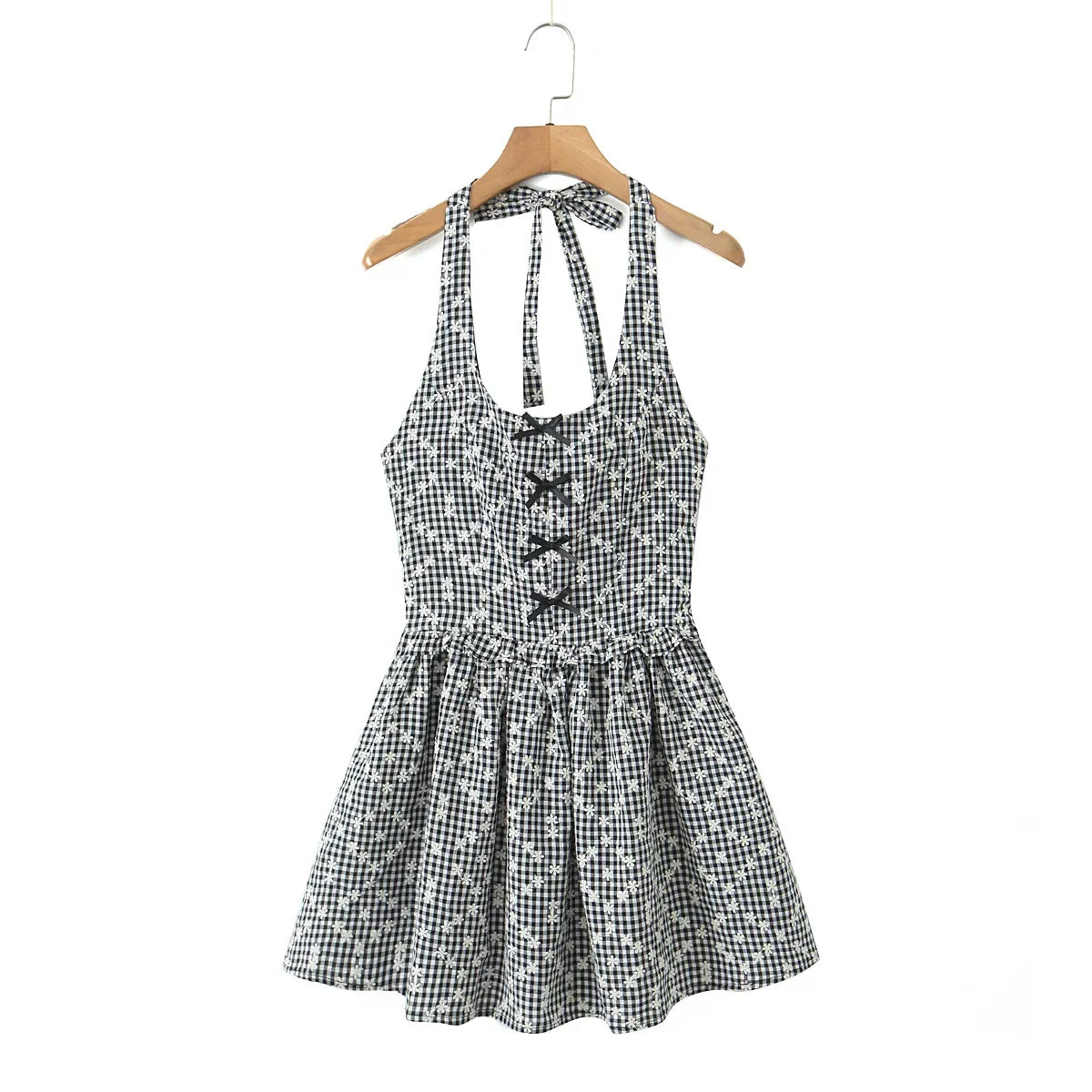 Gray Embroidery White Flower Bow Halter Mini Dress