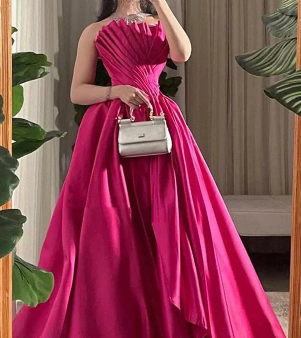 Rose Pink Silk Strapless A-line Sleeveless Prom Dress