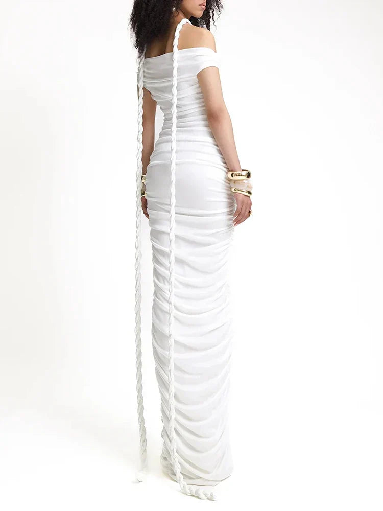 Slash Neck Pleated Braid Ribbon Long Dress