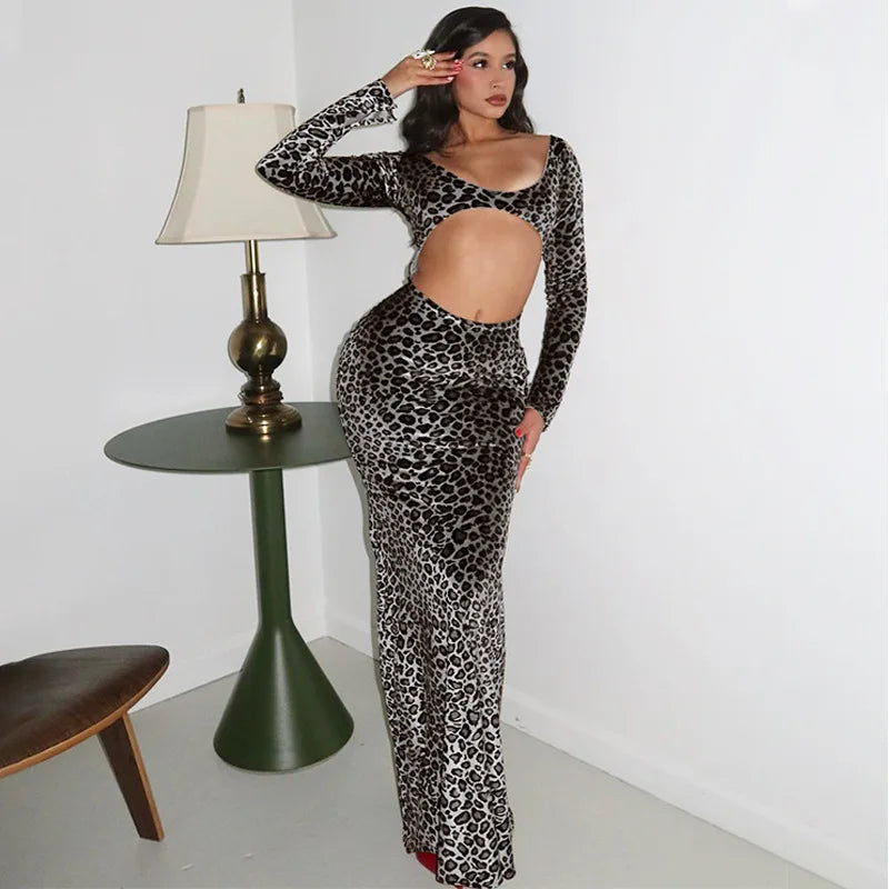 Leopard Print Hollow Out Long Dress