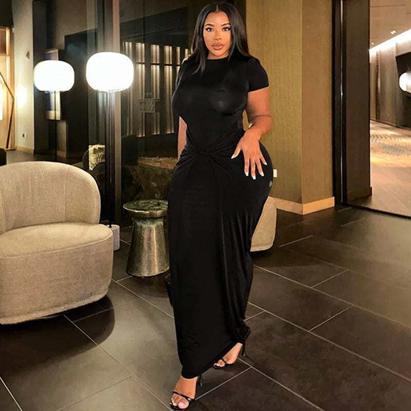 Solid Short Sleeve Ruched Maxi Dress