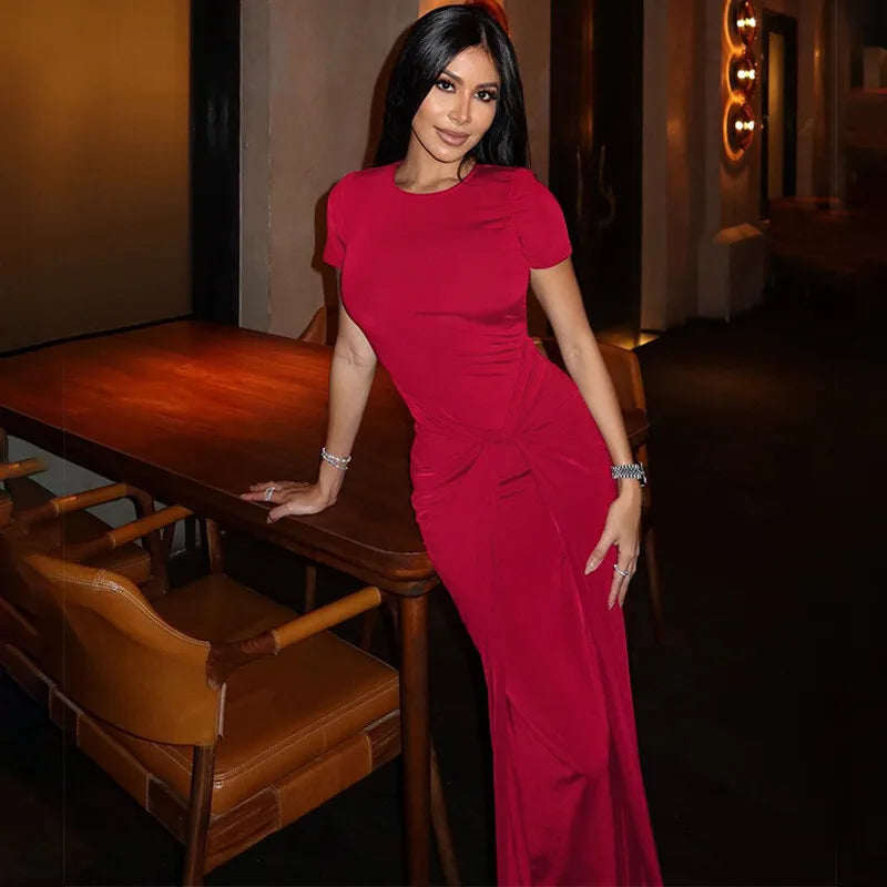 Solid Short Sleeve Ruched Maxi Dress
