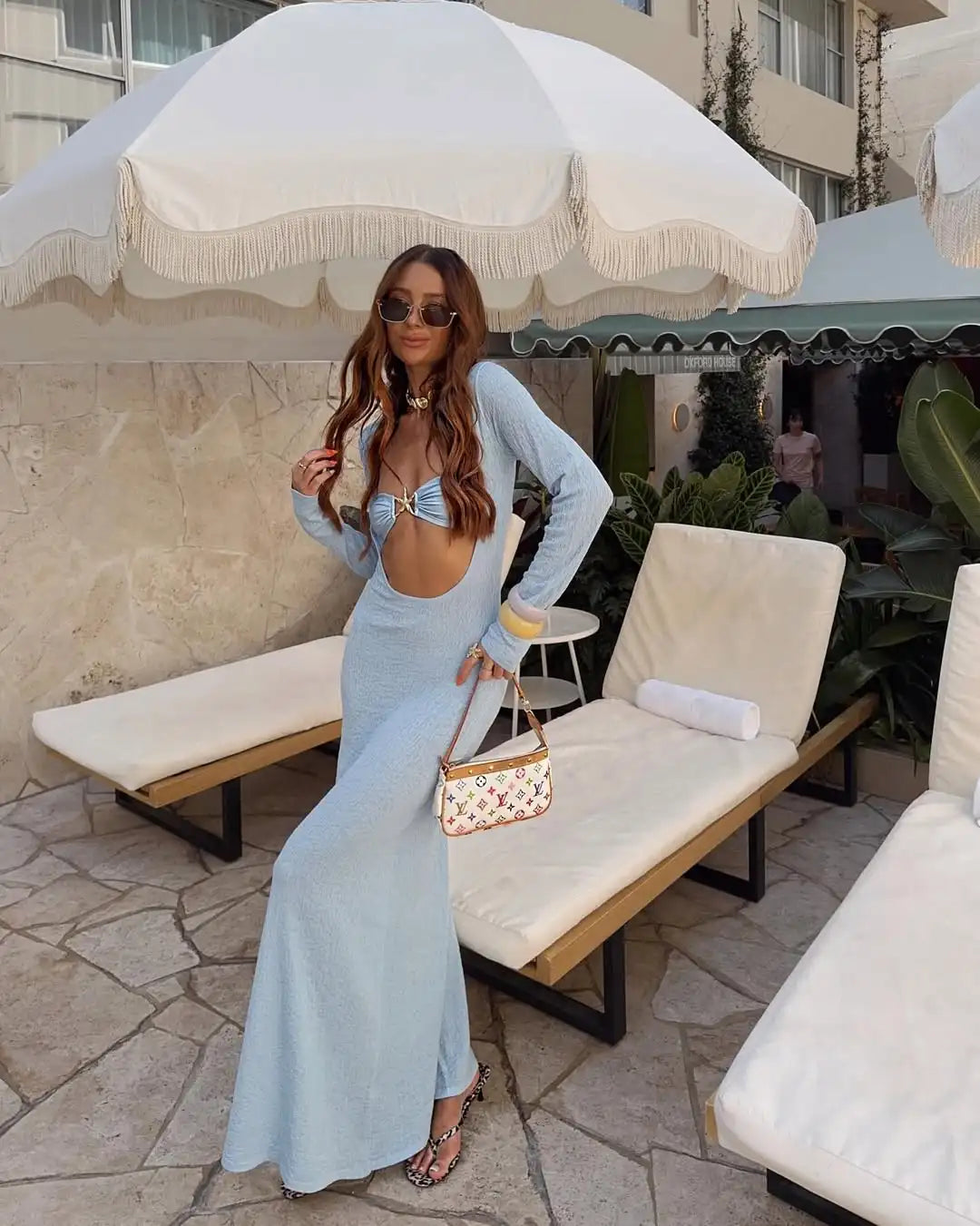 Starfish Metal Ring Full Sleeve Blue Cut Out Bikini Dresses