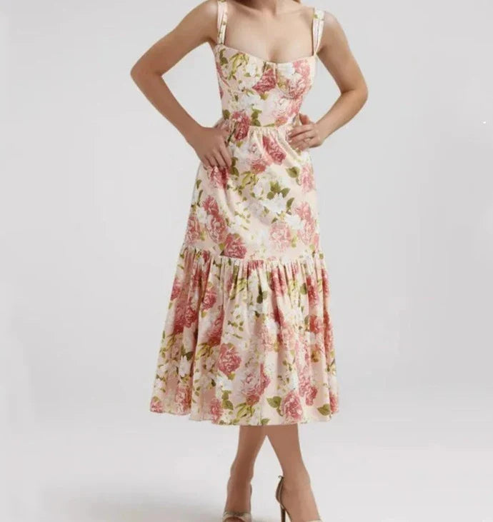 Floral Bra with Wire Corset Ruffles Midi Dress