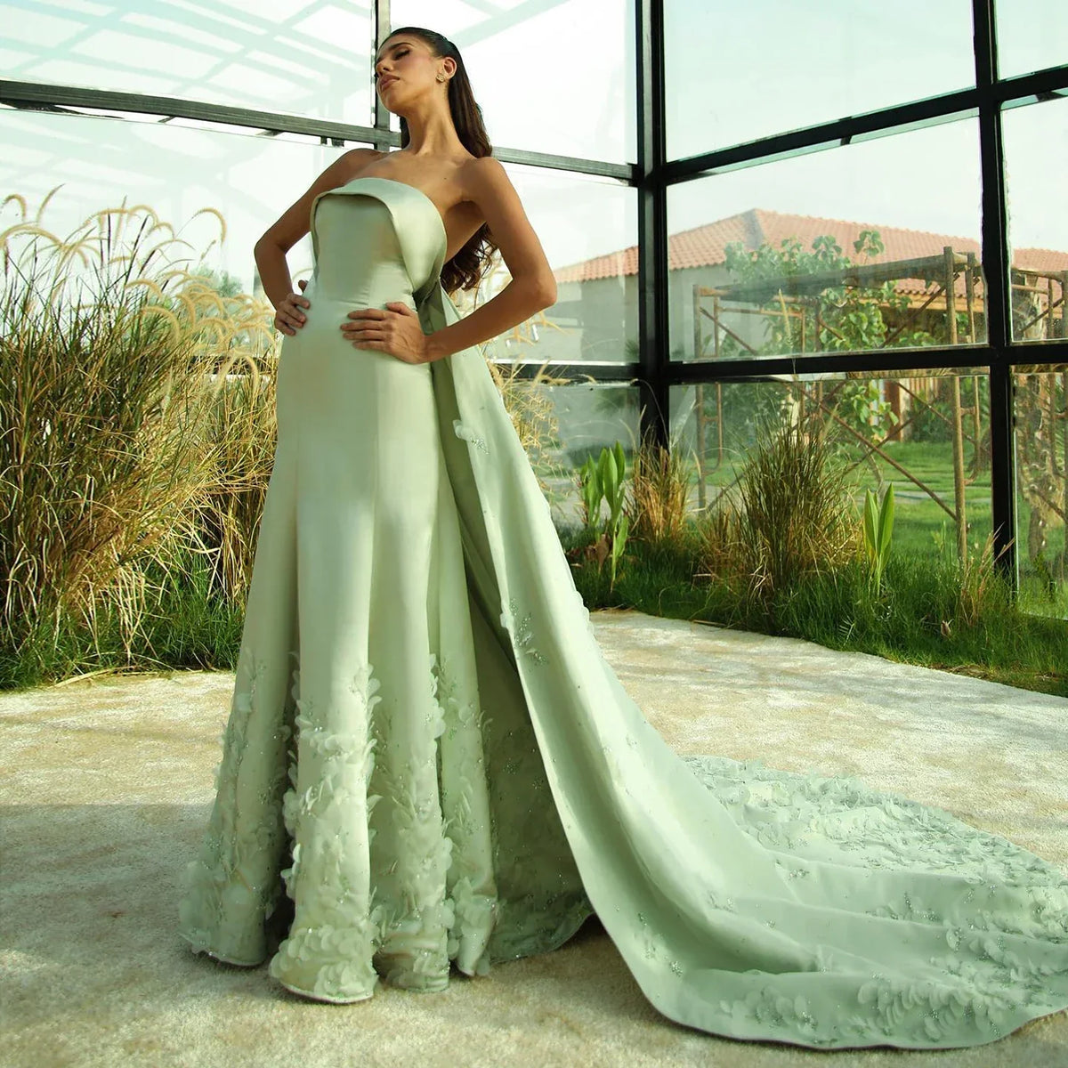 Crystal 3D flower Sage Green Satin Dress with Cape