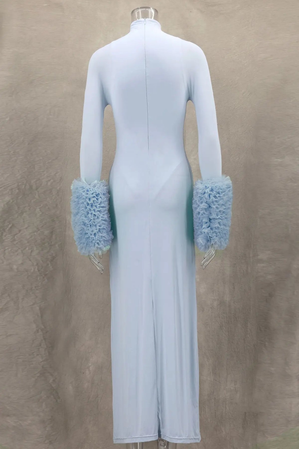 Ruffle Pleated Sleeve Blue Long Dress for Women