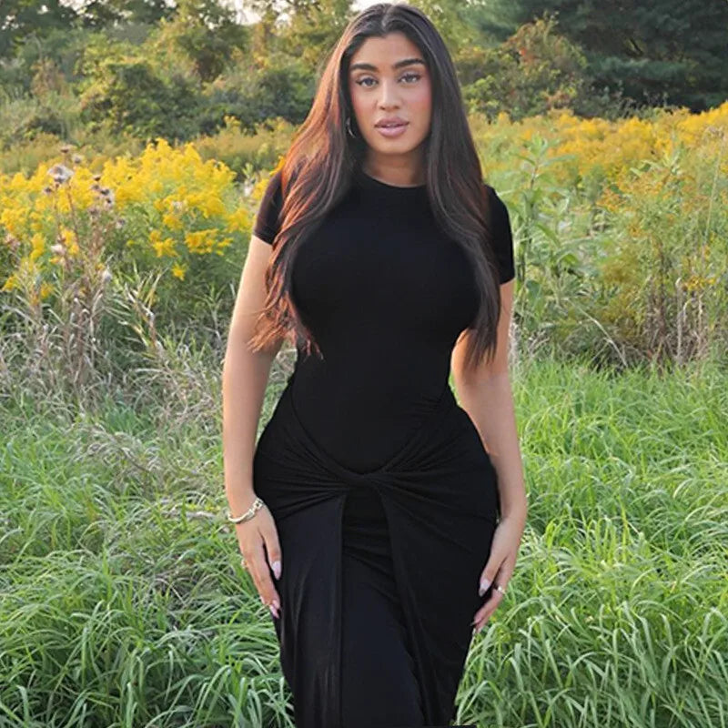 Solid Short Sleeve Ruched Maxi Dress