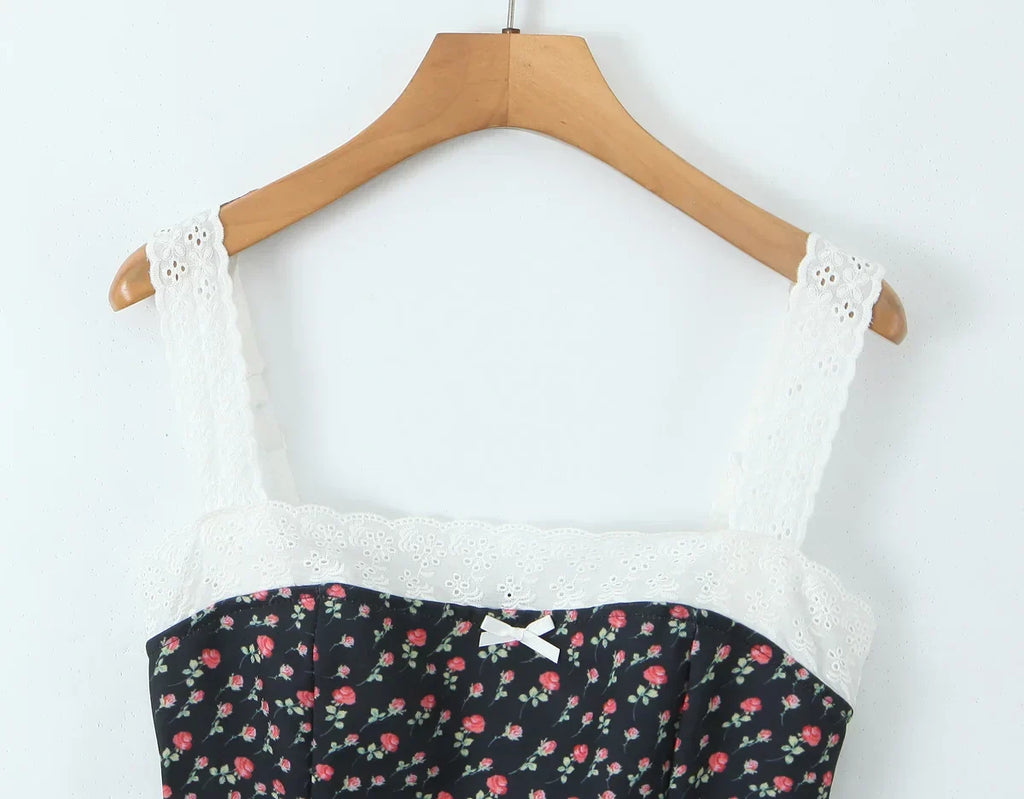 Flower Print Embroidery Lace Slash Collar Mini Dress