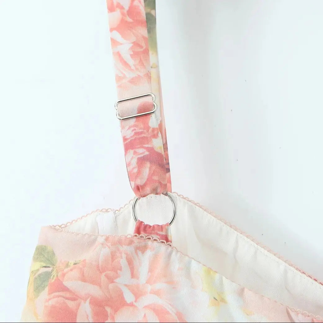 Floral Bra with Wire Corset Ruffles Midi Dress